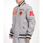 Model wearing Cincinnati Bengals Crest Varsity Jacket front view.