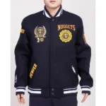 Model front view wearing Denver Nuggets Crest Varsity Jacket.