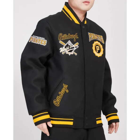 Side profile of model wearing Pittsburgh Pirates Crest Varsity Jacket.