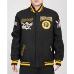 Model wearing Pittsburgh Pirates Crest Varsity Jacket front view.