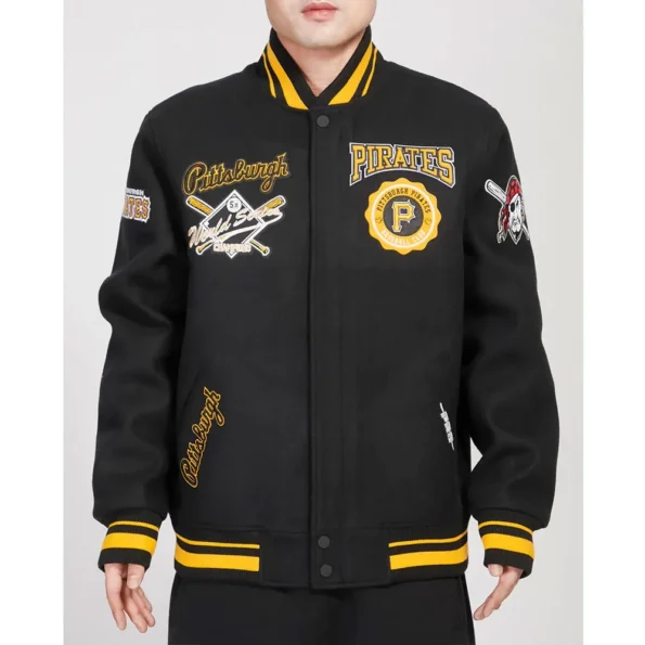 Model wearing Pittsburgh Pirates Crest Varsity Jacket front view.