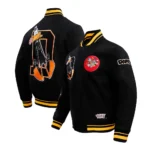 Daffy Duck Looney Tunes Varsity Jacket front and back view.