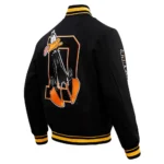 Daffy Duck Looney Tunes Varsity Jacket front and back view.