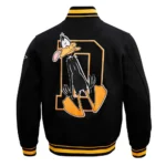 Daffy Duck Looney Tunes Varsity Jacket front and back view.