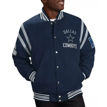 Model wearing Dallas Cowboys Tailback Varsity Jacket front view.