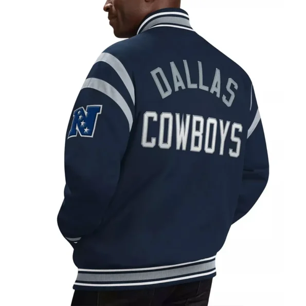 Model wearing Dallas Cowboys Tailback Varsity Jacket back view.