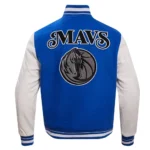 Combined front and back views of Dallas Mavericks City Varsity Jacket.