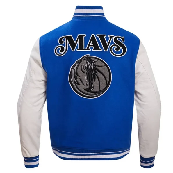 Back view of Dallas Mavericks City Varsity Jacket in blue