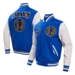 Front and back views of Dallas Mavericks City Varsity Jacket together.