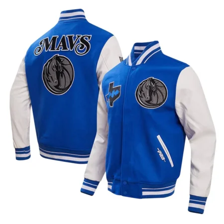 Front and back views of Dallas Mavericks City Varsity Jacket together.