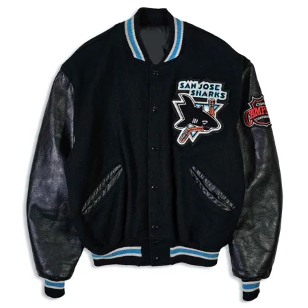 Front view of 90s San Jose Sharks Varsity Jacket.