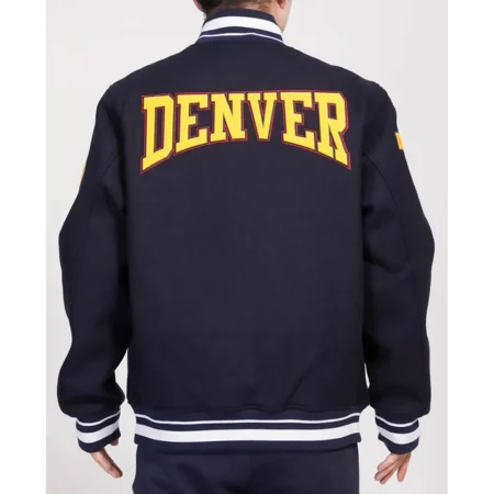 Model wearing Denver Nuggets Crest Varsity Jacket back view.