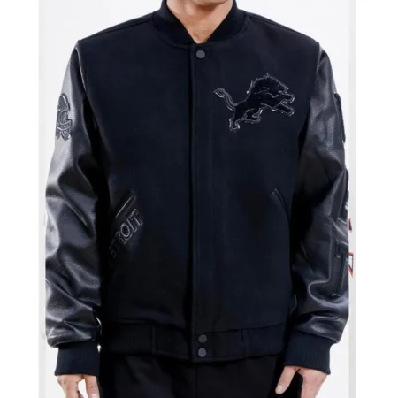 Model wearing Detroit Lions Letterman Varsity Jacket front.