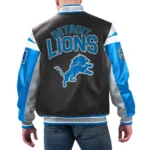 Model front view wearing Detroit Lions Varsity Leather Jacket.