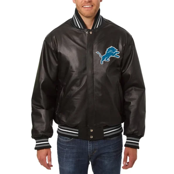 Model wearing Detroit Lions Varsity Black Jacket front.