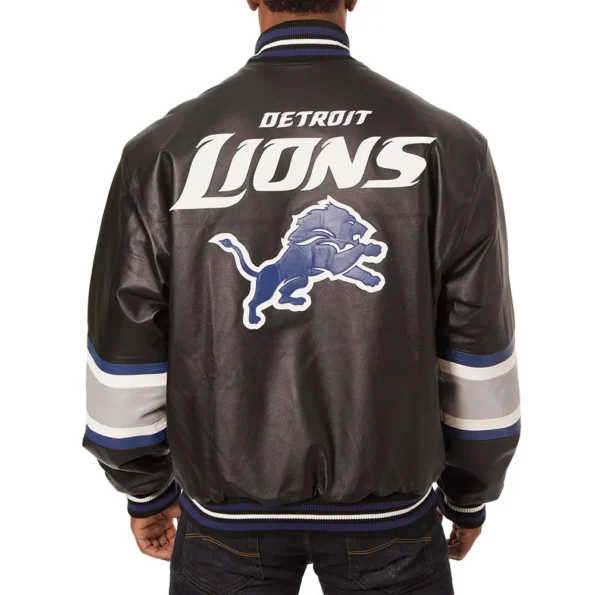 Model wearing Detroit Lions Striped Varsity Jacket back.