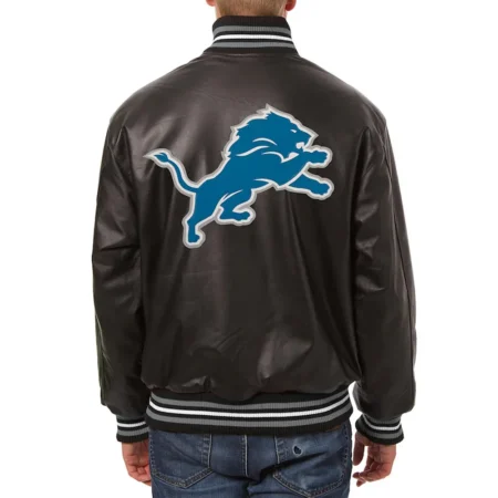 Model wearing Detroit Lions Varsity Black Jacket back.