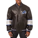 Model wearing Detroit Lions Striped Varsity Jacket front.