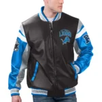 Model front view wearing Detroit Lions Varsity Leather Jacket.