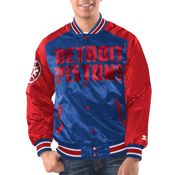 Model wearing Detroit Pistons Renegade Varsity Jacket front view