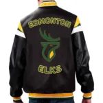 Model front view wearing Edmonton Elks Varsity Leather Jacket.