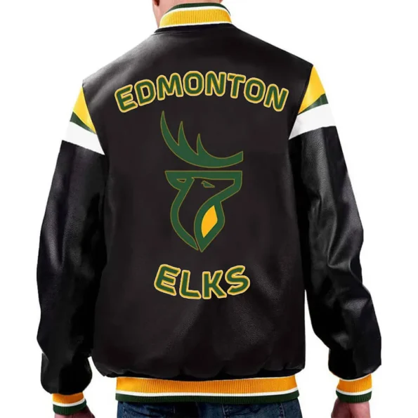 Model wearing Edmonton Elks Varsity Leather Jacket back view.