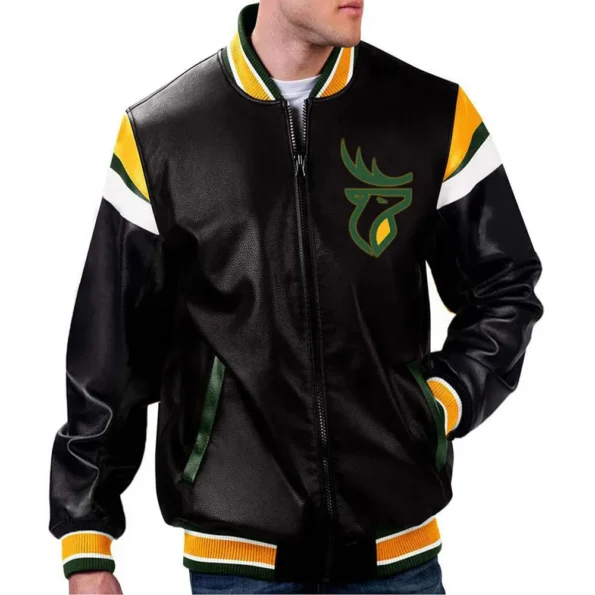 Model wearing Edmonton Elks Varsity Leather Jacket front view.