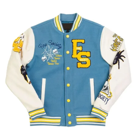 Front view of The Fire Society Varsity Jacket.