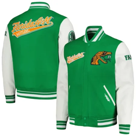 Florida AM Rattlers Script Varsity Jacket front and back view combined.