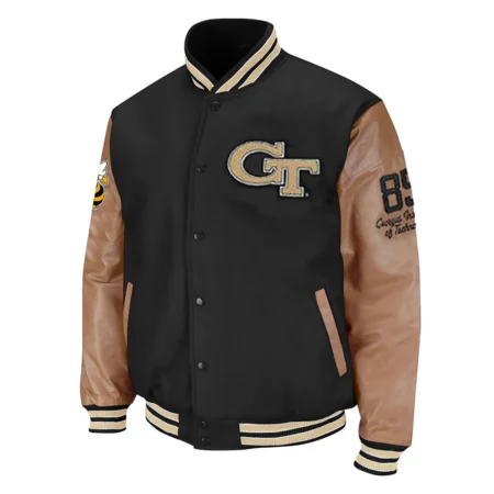 Georgia Tech Black/Brown Varsity Jacket front view with logo.