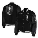 Ghostface Scream Horror Varsity Jacket front and back view together.