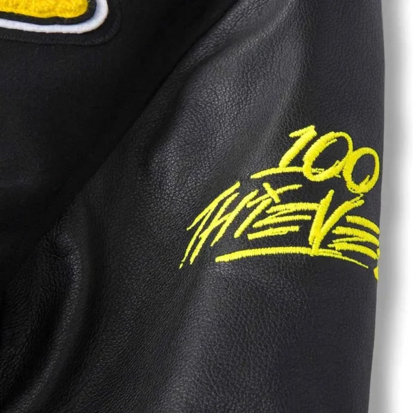 Close-up of Golden Bear Pikachu Black Varsity Jacket.