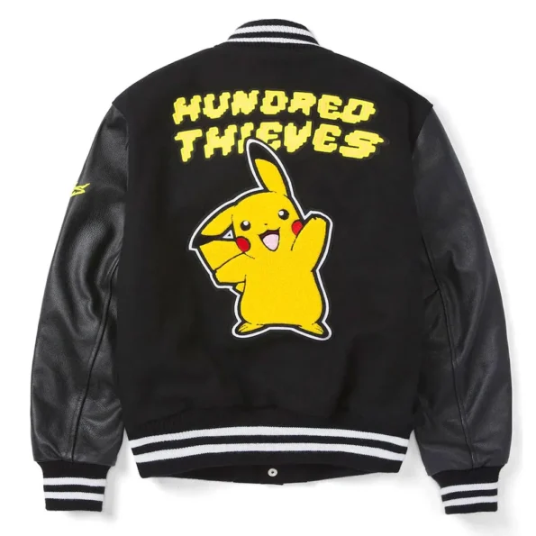 Back view of Golden Bear Pikachu Black Varsity Jacket, featuring logo.