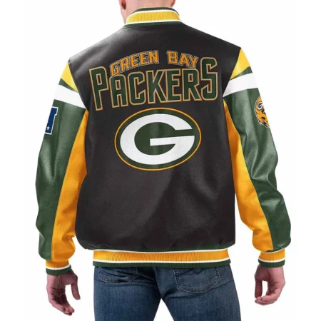 Model wearing Green Bay Packers Black Varsity Jacket back view.