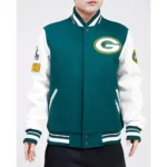 Model front view wearing Green Bay Packers Old Varsity Jacket.