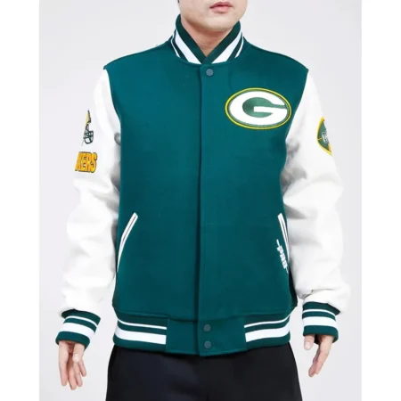 Model wearing Green Bay Packers Old Varsity Jacket front view.