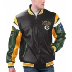 Model wearing Green Bay Packers Black Varsity Jacket front view.