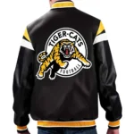 Model front view wearing Hamilton Tiger-Cats Black Varsity Jacket.