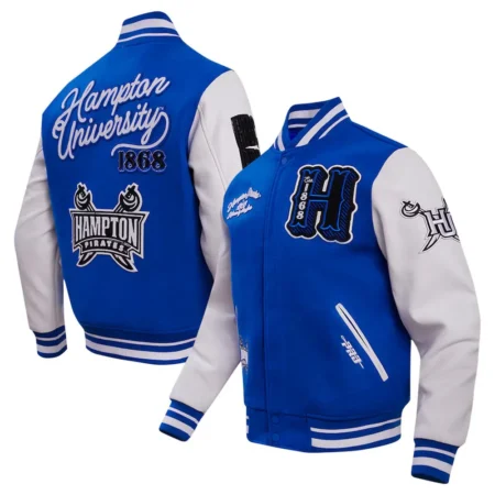 Hampton Pirates HBCU Varsity Jacket front and back view combined.