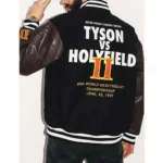 Model front view wearing Tyson VS Holyfield II Varsity Jacket.