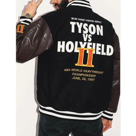 Model wearing Tyson VS Holyfield II Varsity Jacket back view.