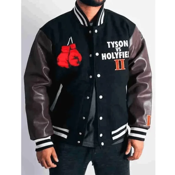 Model wearing Tyson VS Holyfield II Varsity Jacket front view.