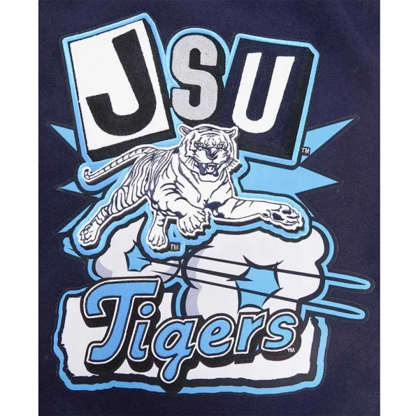 Close-up of Homecoming Jackson State Varsity Jacket logo details.