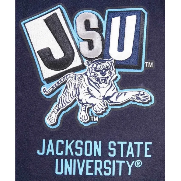 Close-up of Homecoming Jackson State Varsity Jacket logo details.