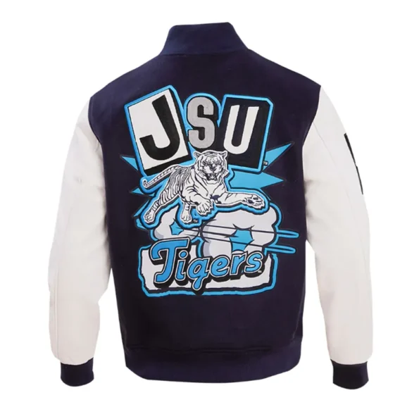 Back view of Homecoming Jackson State Varsity Jacket in blue.