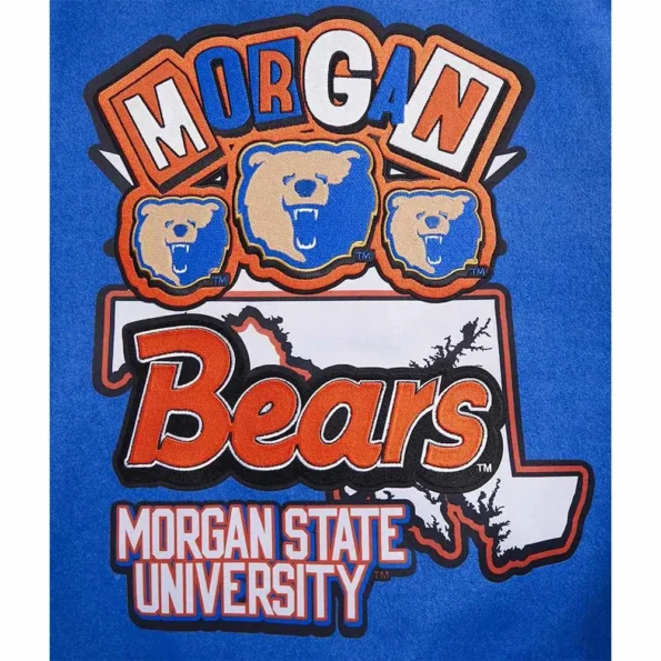 Close-up of Morgan State University Varsity Jacket logo details.