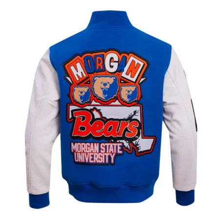 Back view of Morgan State University Varsity Jacket in blue.