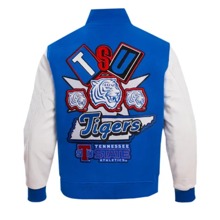 Back view of Homecoming Tennessee State Varsity Jacket in blue.