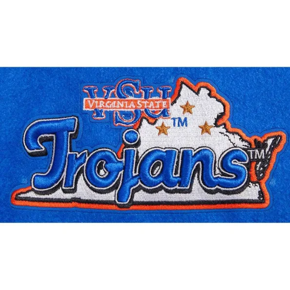 Close-up of Virginia State University Varsity Jacket logo details.