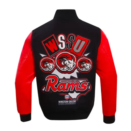 Back view of Winston-Salem State Varsity Jacket featuring emblem.